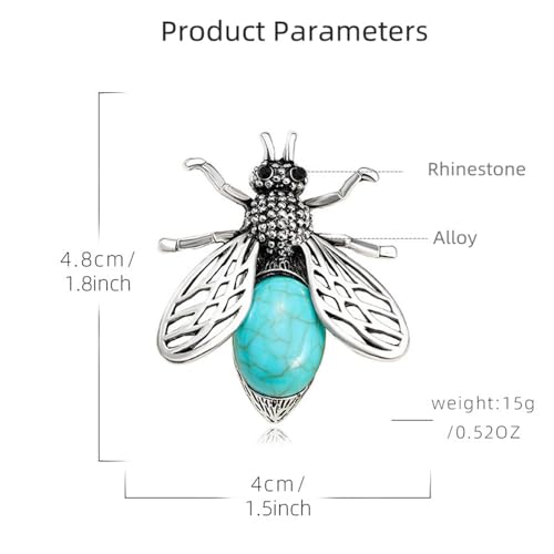 Image of Turquoise Bee Brooch Pin for Women Men Silver Plated Fashion Rhinesonte Blue Birthstone Bumblebee Honeybee Animal Insect Brooches Lapel Pins Boho Dress Accessories Birthday Holiday Jewelry Gift