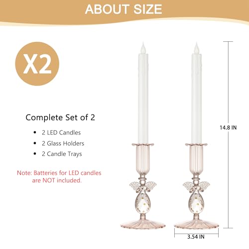 Image of Flameless Taper Candle with Vintage Glass Candle Holder, Set of 2, Wedding Dating Party Table Decor Centerpiece, Angel Shaped, Rose Gold