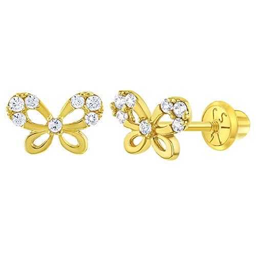 14K Yellow Gold Young Girl's Clear Round Cubic Zirconia Butterfly Screw Back Earrings, Tiny Screw Backs For Toddlers To Preteens- Girl's Beautiful And Fashionable Butterflies Stud, Small Cute Cz Studs #TOP30