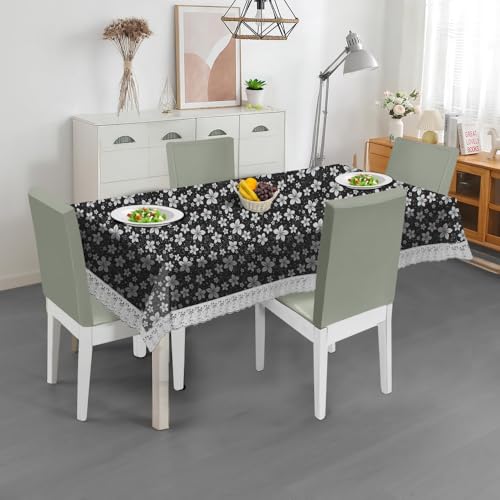 Image of The Furnishing Tree Waterproof PVC Rectangle Shaped 4 Seater Table Cover WxL 54x78 inches Floral Pattern White Black with White Border lace
