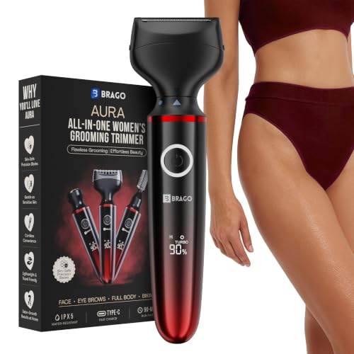 Image of Brago Aura All-in-One Trimmer for Women | Face, Body & Bikini | Painless Hair Remover for Women | Eyebrow, Upper Lip, Underarm & Leg Trimmer | 3 Grooming Heads | LCD Display | Type-C Fast Charging | Waterproof
