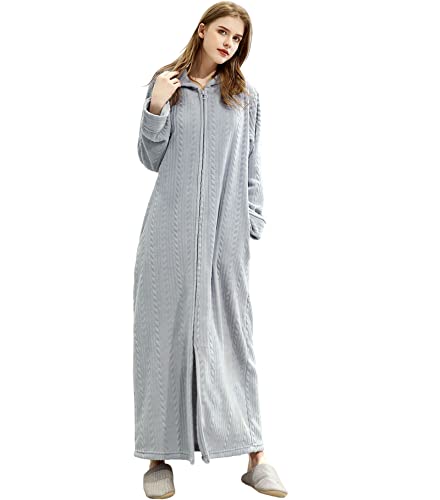 ZFSOCK Damen Morgenmantel Shaggy Extra Lang Flauschig mit Reissverschluss Kapuze Bademantel Plüsch Flanell Microfaser Fleece Winter Cozy Warm Weich Wadenlang Bodenlang Weinrot Loungewear Bordeaux Cover