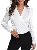 SOLY HUX Women's Satin Silk Blouses Wrap V Neck Puff Long Sleeve Shirts Casual Office Work Tops
