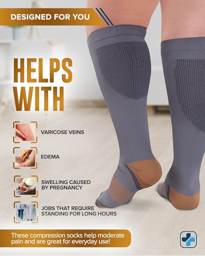 Image of Doctor's Select Copper Plus Size Compression Socks Wide Calf - 2 Pairs | 20-30mmHg Extra Wide Calf Copper Compression Socks Men & Women for Swelling & Circulation Support | Black & Gray