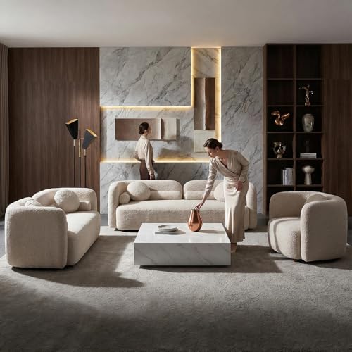 Image of 3PCS Sofa Set for Living Room, Boucle Sofa Set with 1 Three-Seater Sofa, 1 Loveseat Sofa and Accent Chair, Minimalist Couch Set, 6 Seater Living Room Furniture Sets for Home Office (Beige)
