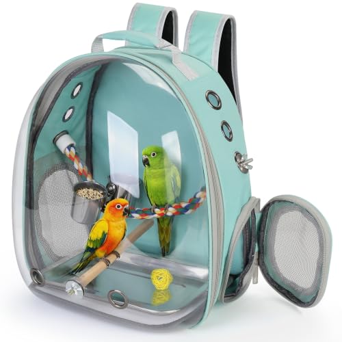 Image of Bird Travel Carrier, Bird Backpack Cage with Rope & Wood Perches Tray Food Bowl, Portable Clear Bubble Window Breathable Mesh Bag for Small Medium Parrots Cockatiel Parakeet Budgies Conures Lovebirds