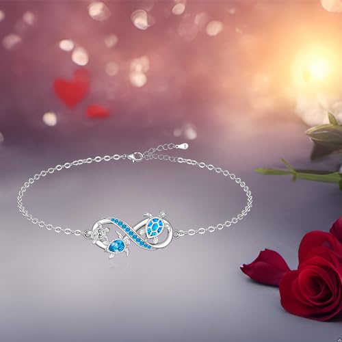 Image of Fenthring Turtle Anklet S925 Sterling Silver Blue Opal Sea Turtle Ankle Bracelets for Women Infinity Wave Ocean Beach Summer Foot Bracelet Jewelry Layered Adjustable