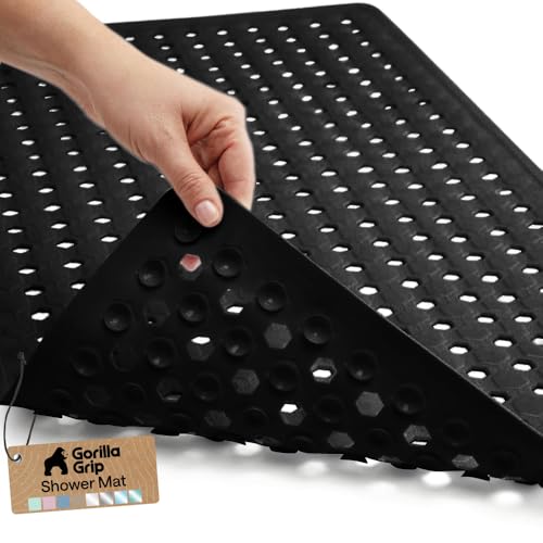 Image of GORILLA GRIP Patented Bath Tub Shower Mat, Machine Washable Bathtub Floor Liner Mats, Suction Cups and Drain Holes to Keep Tubs Clean, Soft on Feet, Bathroom Essentials, 35x16 Inch, Black