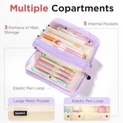 Image of Sooez Large Pencil Case Pouch, Extra Big Pencil Bag with 8 Compartments, Pen Bag Wide Opening, Soft Quilted Pencil Pouch Organizer with Zipper, Portable Pencil Case for Teen Girls, Purple