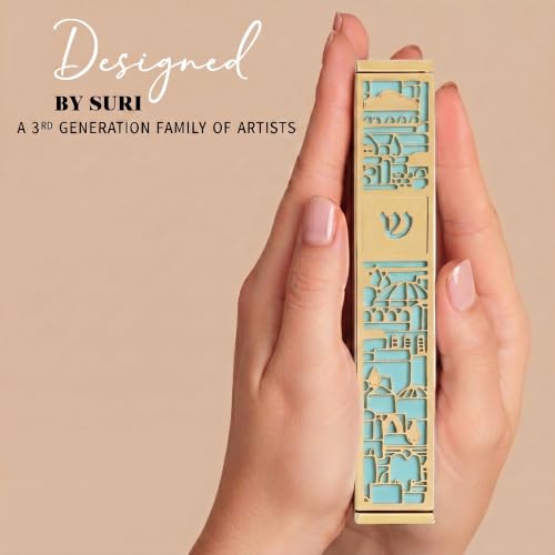 Image of SURI Mezuzah for Door with Scroll, 7 Inch Gold and Blue Mezuzah Case with Non Kosher Scroll Inside, Fits a up to 6 Inch Scroll, Includes Adhesive and Gift Box
