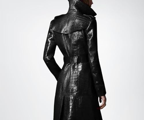 Women’s Alligator Double Breasted Crocodile Black Faux Leather long Coat2
