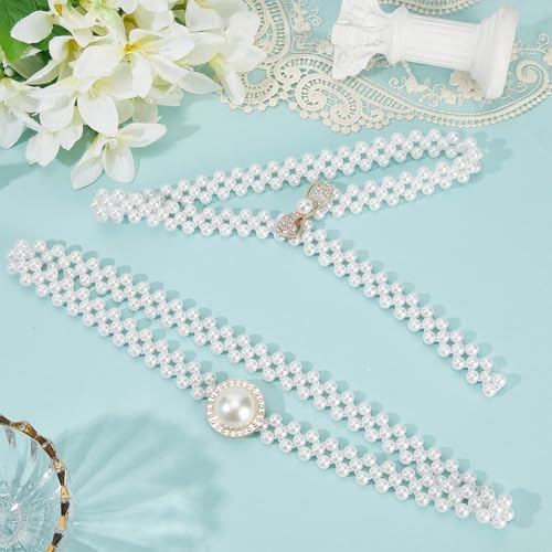 2Pcs Pearl Elastic Waist Belt White Adjustable Stretch Bow Bead Crystal Rhinestone Bridal Bridesmaid Sash Fashion Waistband Chains Belts for Women Wedding Party Prom Dress Accessories Gift3