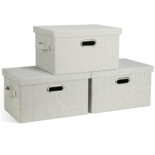 Graciadeco Medium 15" 21 Quart Collapsible Stackable Storage Bins with Lids, 3 Packs Beige Foldable Fabric Closet Boxes Heavy-duty Linen Cube Baskets Container for Bedroom Office (15 x 11 x 8)