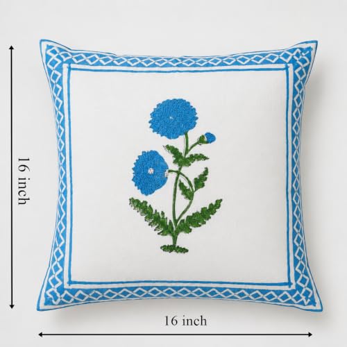 Image of Cotton Cushion Covers 16x16 Inch - Hand Block Floral Print Pillow Covers for Sofa, Couch & Bedroom (Pack of 5) (Lght Blue & White)