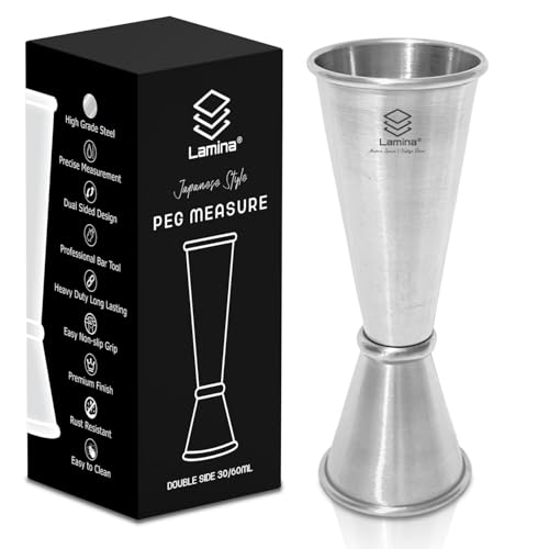 Image of Lamina Set of 1 Stainless Steel Japanese Peg Measure (30 /60 ml, Silver) Double-Sided Cocktail Jigger for Home, Kitchen, Hotels & Professional Bartenders - Drink Measuring Bar Tool (with Box).