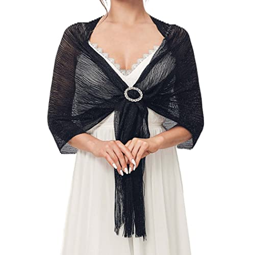 Aukmla Stola Scialle Donna Spumanti Sciarpe Stola Avvolgente con Frange da Donna per Matrimoni Feste (Nero)