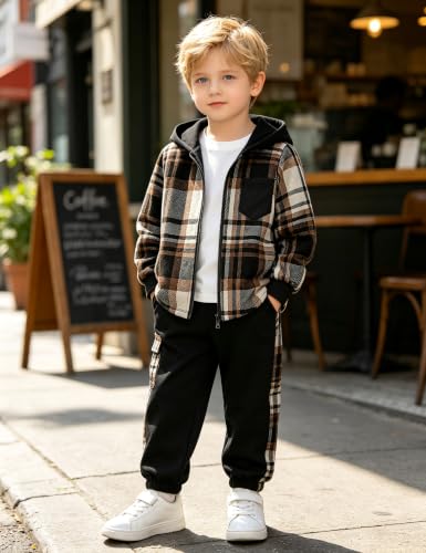 Image of Toddler Boy Clothes Plaid Hooded Shirt White T-shirt Top and Solid Color Pants 3Pcs Winter Boys Clothes