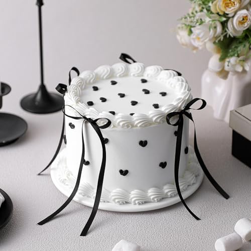 Remerry 6 Inch Black Bow Fake Cake Coquettish Birthday Fake Cake Decor Wedding Dessert Props Reusable Artificial Round Dessert for Props Women Birthday Gift Anniversary Party Decor