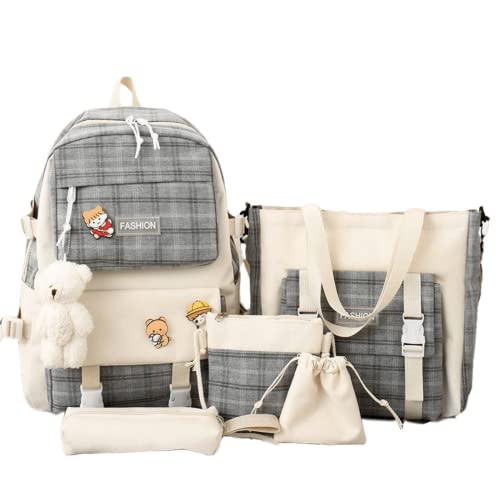 Aobiono 5Pcs Kawaii Plaid Backpack Set Aesthetic Preppy Cute Check with Pins Bear Pendant Light Academia School Supplies Kit