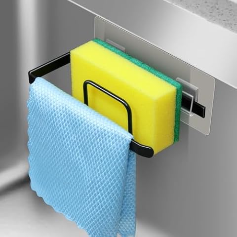 Sponge Holder for Kitchen Sink, Sponge Hanger Kitchen Sink Caddy, 2 in 1 Kitchen Sink Organizer Sponge Caddy, Adhesive Hanging, Suitable for Kitchen Brush, Dish Rag, Sponge, Gloves, Anti-Rust Coating Cover