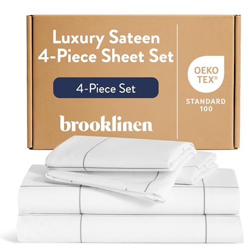 Brooklinen Luxury Sateen 4 Piece Sheet Set - 100% Cotton Bed Sheets, Soft & Durable King Size Sheet Set in Window Pane, Oeko-TEX Certified Bedding Set, 1 Fitted Sheet, 1 Flat Sheet, 2 Pillowcases