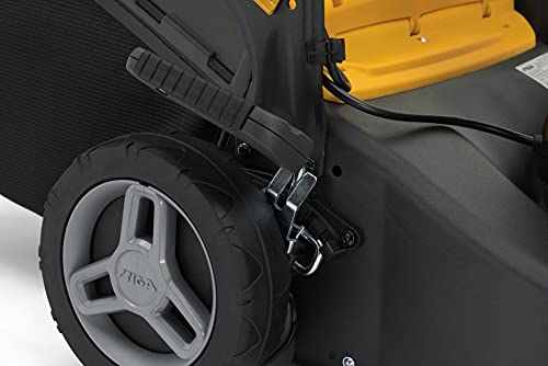 Close-up of the wheel and cutting height adjustment lever on the STIGA lawn mower