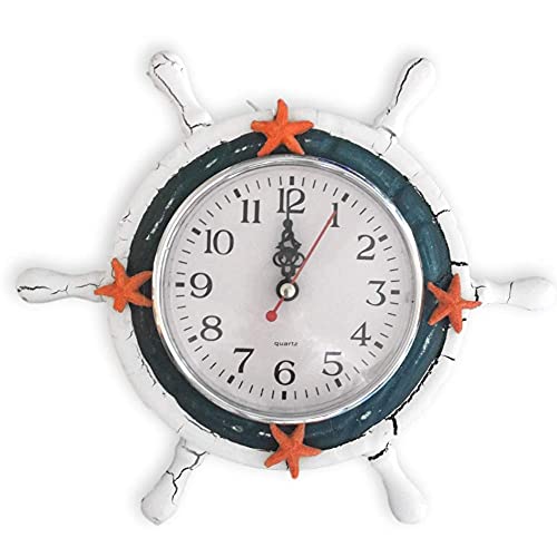 Nautical Clock Sailboat Steering Wheel Helm Decoration - Blue And White Clock With Starfish - Easel Backed - 9" D #TOP3
