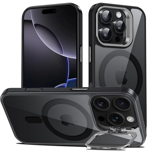Image of VONZEE Clear Camera Kickstand Case for iPhone 16 Pro, Built-in Adjustable Camera Stand, Clear Magnetic Mag-Safe Shockproof Classic Series Phone Cover (Black)