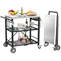 Folding Grill Table with Storage Rack, Stainless Steel Outdoor BBQ Cart, 3 Shelf Portable Grill Cart, Outdoor Kitchen Island and Pizza Oven Table for Blackstone Griddle