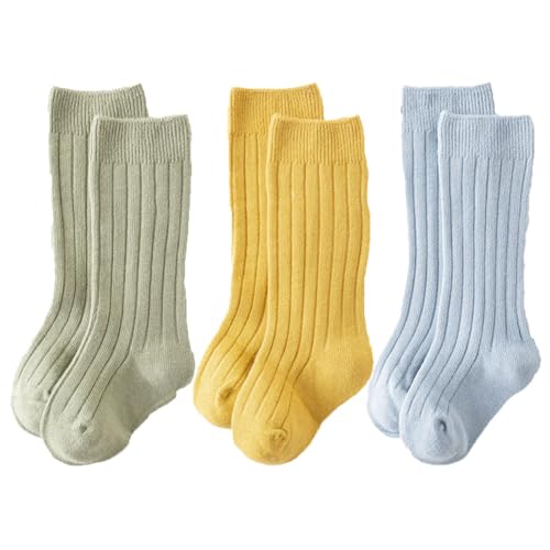 3 Pairs Baby Boys Girls Knee High Socks Ribbed Long Stockings Infant Toddler Cotton Socks (US, Age, 12 Months, 24 Months, Light Green+Yellow+Blue)