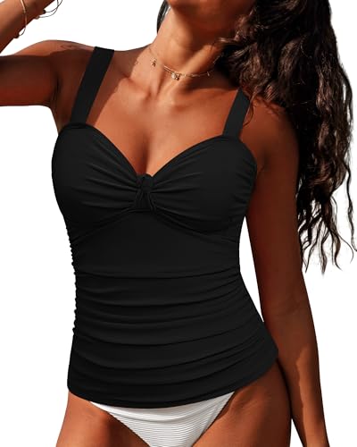 GRAPENT Tankini Tops for Women Twist Knot Ruched Swimsuits Beach Padded Adjustable Straps Modest Swimwear Swim Tops Only