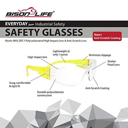 Image of BISON LIFE Clear /Yellow Safety Glasses for Men & Women, ANSI Z87.1,144 Pack | Scratch & Impact Resistant Wraparound Safety Goggles, UV Protection Eyewear for Work, Construction, Lab, Industrial