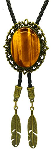 Image of Moranse Bolo Tie with Natural Tiger Eye Stone Celtic Style Genuine and Cowhide Rope