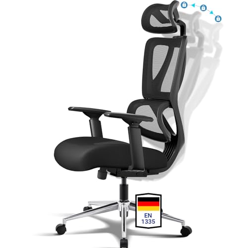 MELOKEA ReliefBack Bürostuhl Ergonomisch 150 kg, 3D-Armlehnen, Bequemer Schreibtischstuhl mit Dynamische Lendenstütze, Federkern-Sitzpolster, 3-Stufen-Verriegelung, Große Menschen, EN1335
