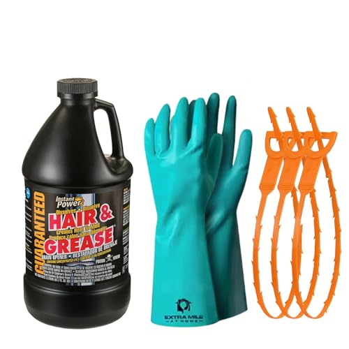 Extra Mile at Home Drain Defender – Hair & Grease Buster Kit Instant Power Drain Opener and comes with, Heavy-Duty PVC Gloves & 3 Hair Clog Removers – Fast-Acting & Safe for Pipes & Septic Systems