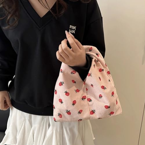Corduroy Tote Bag Strawberry Cute Corduroy Knot Bag Alt Trendy Knot Handbag Strawberry Print Underarm Shoulder Purse 20252