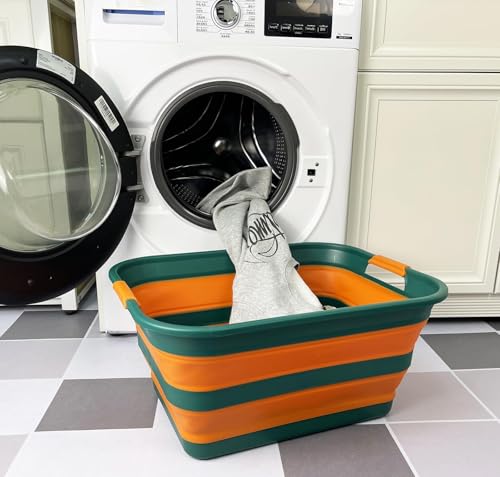 Image of SAMMART Collapsible Plastic Laundry Basket with Handle /Foldable Pop Up Storage Hamper /Portable Laundry Organizer-Space Saving Washing Tub /Household Storage (Teal Green /Autumn leaf, 42L)