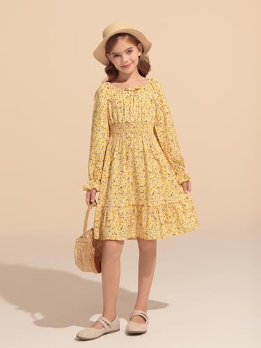 Haloumoning Girls Dresses Kids Floral Long Lantern Sleeve Square Neck Smocked Flowy Dress 5-14 Years2