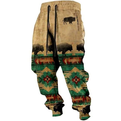 HOTYD Western Cowboy Sweatpants for Men Elastic Wasist Drawstring Aztec Print Cargo Pants Baggy Trousers with Pockets