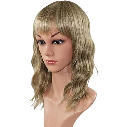 Pastel Wavy Wig With Air Bangs Women's Short Bob Curly Wavy Wig Shoulder Length Synthetic Cosplay Wig for Girl Daily Life Party Costume Wigs (12", Mix Blonde) Cover