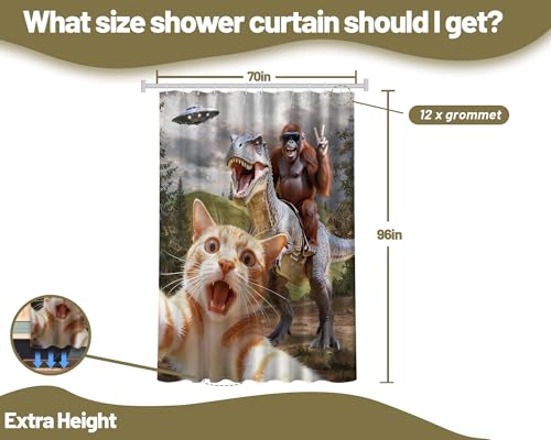 Image of Extra Tall Shower Curtain XL Fun Cat Riding Dinosaur, 70 x 96 Inchs