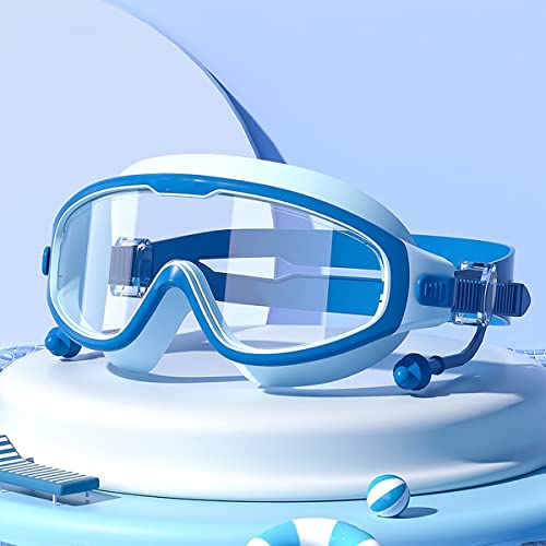 Image of wolpin Silicone Swimming Goggles with Ear Plugs for Kids & Free Protective Case Clear Lens Big Frame Competition Leakproof Swim Goggles with UV and Anti Fog Protection, Blue (3-14 Yrs)