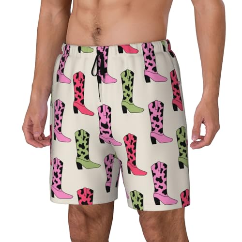 Retro Cowboy Boots Cow Print Funny Men's Swim Trunks Board Shorts Quick Dry-3