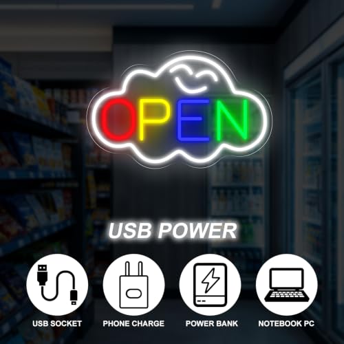 Image of Cloud Open Neon Sign For Business, Rainbow Open Welcome LED Light | USB Powered Dimmable Cloud Open Window Decor Stores Restaurants Offices Shops Bar Cafe Wall Decoration, 16.7 inchx10.6 inch