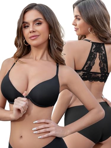 Front Closure Bras for Women Lace Racerback Sexy Plunge Lightly Padded Smooth Tshirt Underwire Push Up Bra