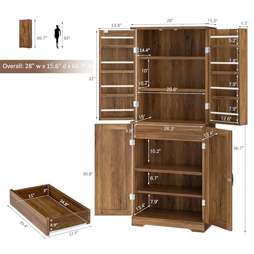 Image of Shintenchi Kitchen Pantry Cabinet, Farmhouse Tall Cupboard, Rustic Brown
