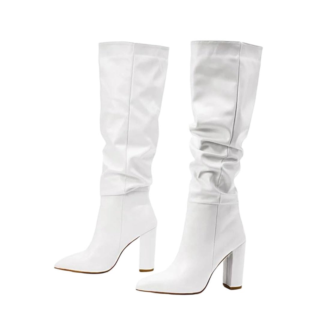 Women Winter Knee High Boots Pleated Leather Pointed Toe Square Heel Party Elegant Casual Boot