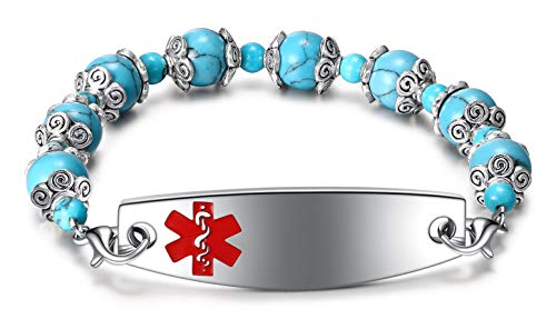 JF.JEWELRY Type 1 Diabetes/Type 2 Diabetes/Epilepsy/Blood Thinner Beaded Medical Alert ID Bracelet for Men and Women with Natural Quartz Beaded Charms Stainless Steel Tag Bracelets,Free Engraving