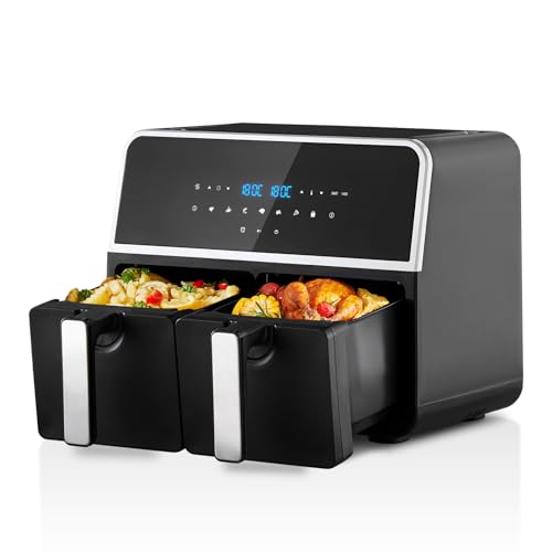 TUKAILAi Dual Air Fryer 9L Large Air Fryer for Family, LED Touch Display Air Fryer, 2 Drawer Air Fryer 4.5L+4.5L, Double Air Fryer with 8 Pre-Set Cooking Programs for Oil Free & Low Fat Healthy