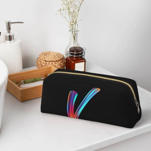 Image of Cute Initial Pencil Case for Kids Simple Leather Pencil Pouch for Boys Girls Letter Design Pencil Box Pen Bag Pencil Pouch Office Stationery Organizer, Rainbow Letter V
